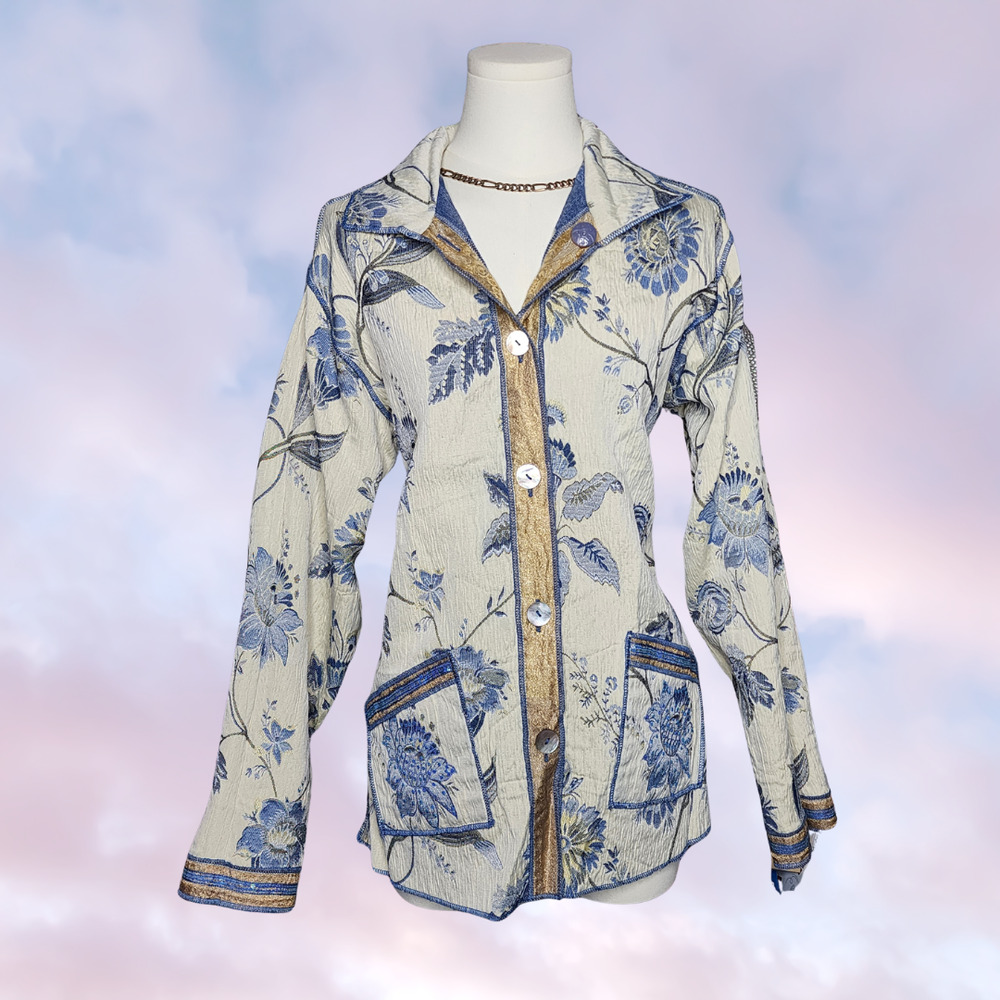 Handmade Reversible Blue Ivory Floral Gold Brocade Sequined Button Jacket No Tag